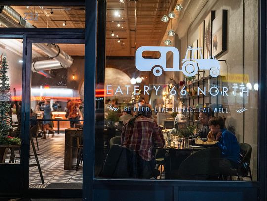 Outside the new Eatery 66 North restaurant on a recent winter night. (Photo by Brett Schreckengost)