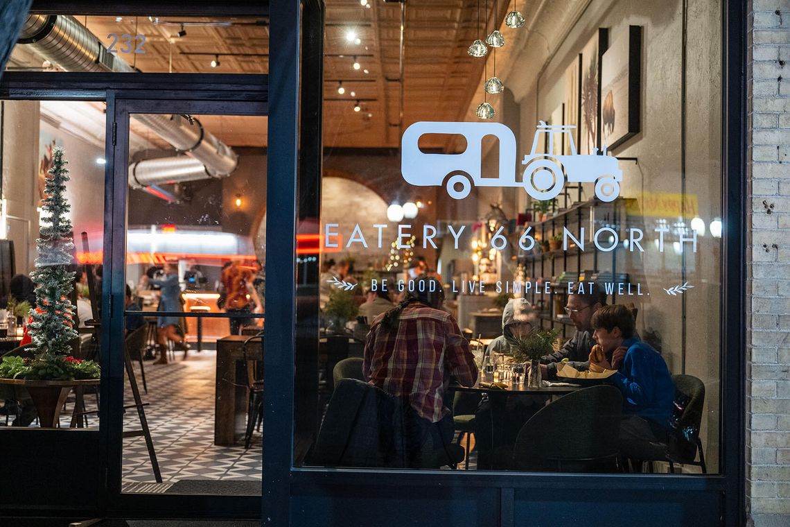 Outside the new Eatery 66 North restaurant on a recent winter night. (Photo by Brett Schreckengost)